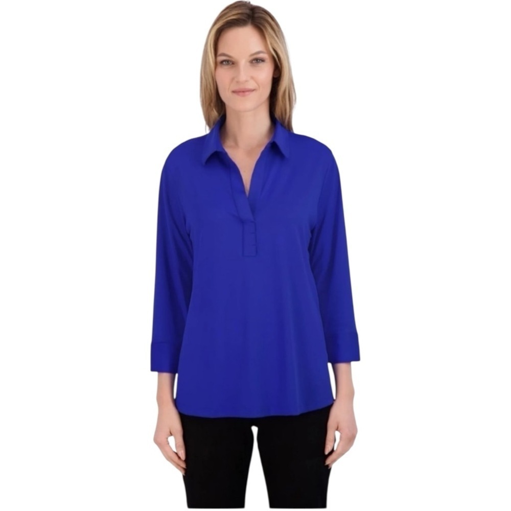 FOXCROFT Sophia Johnny Collar Jersey Shirt Plus 1X Royal Blue